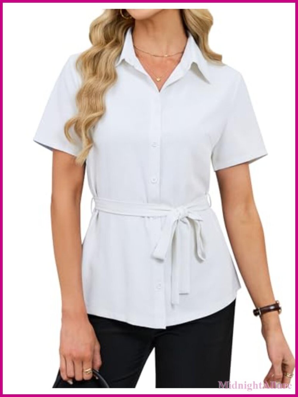 Womens Button Down Shirt Detachable Bow Belt Short Sleeve Work Top